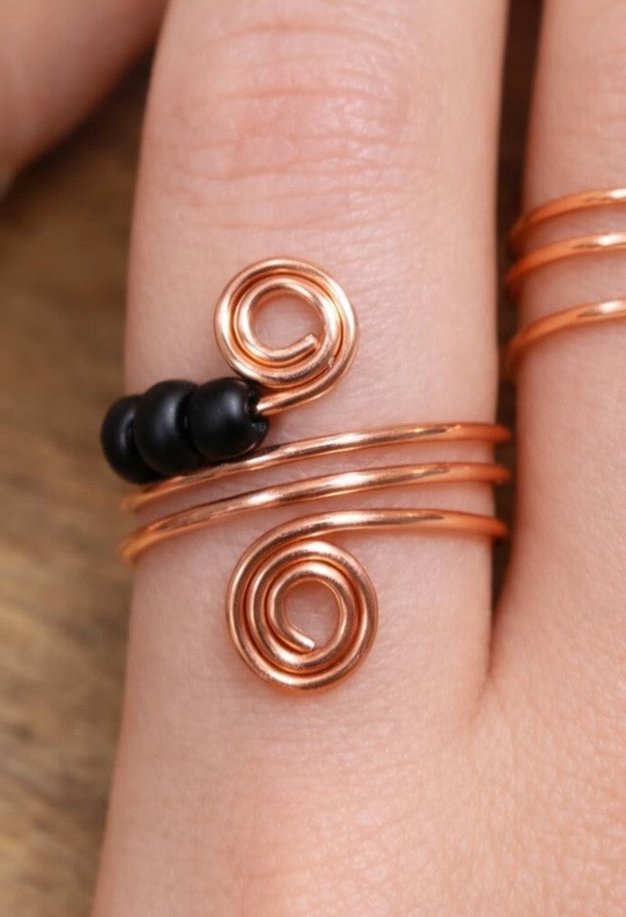 Copper Spiral Fidget Ring – Handmade Adjustable Anxiety Ring with Black Beads