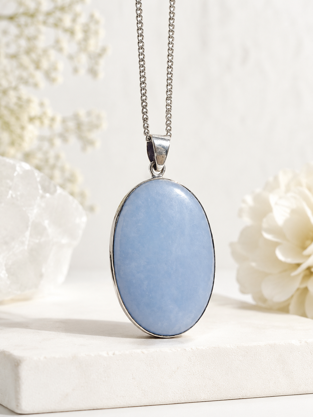 Natural Angelite Sterling Silver Pendant with Sterling Silver Chain