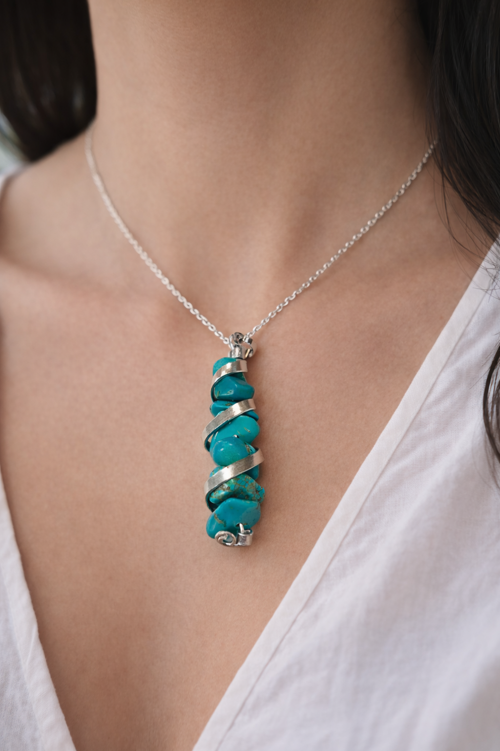 Handmade Turquoise Colour Howlite Wire Wrapped Gemstone Pendant Necklace