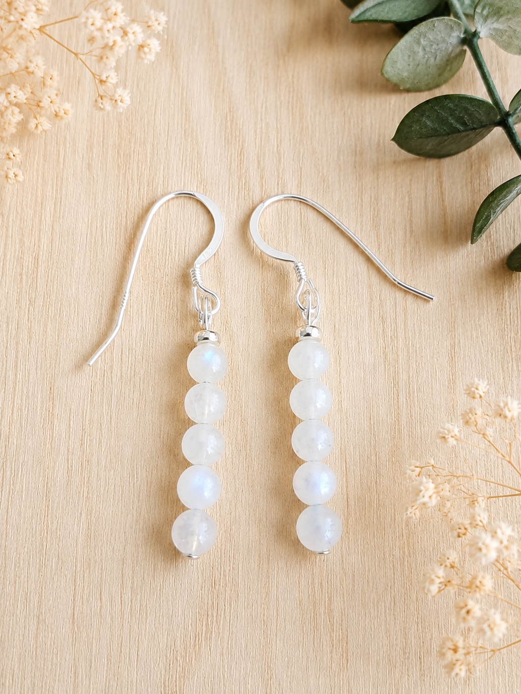 Handmade Moonstone Tiny Bead Sterling Silver Drop Earrings 925