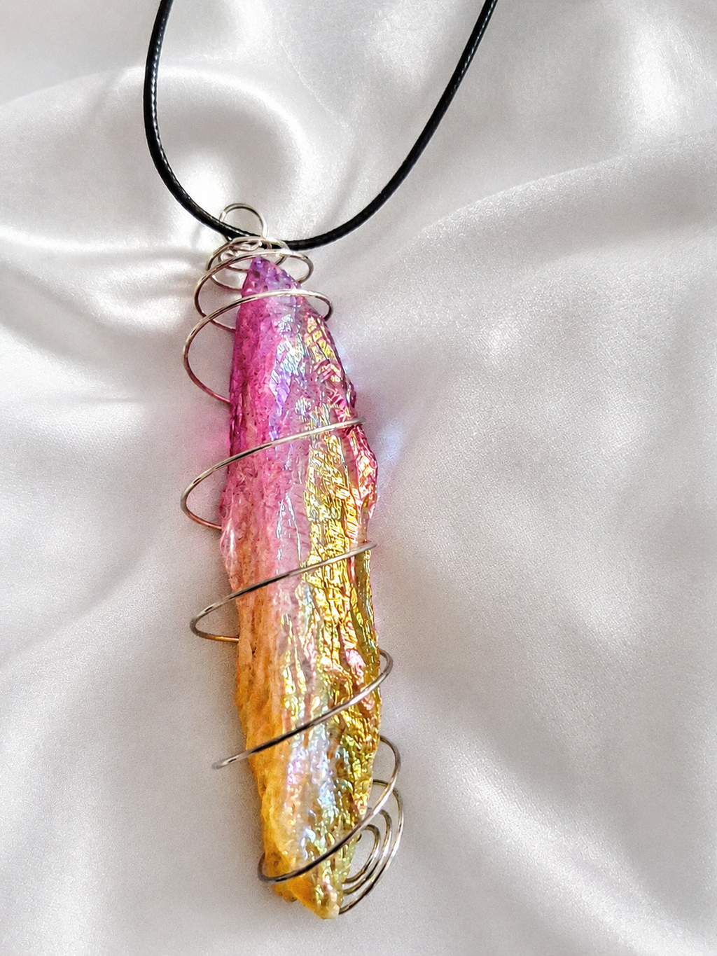 ✨ Iridescent Coated Quartz Pendant Spiral Cage Statement Piece