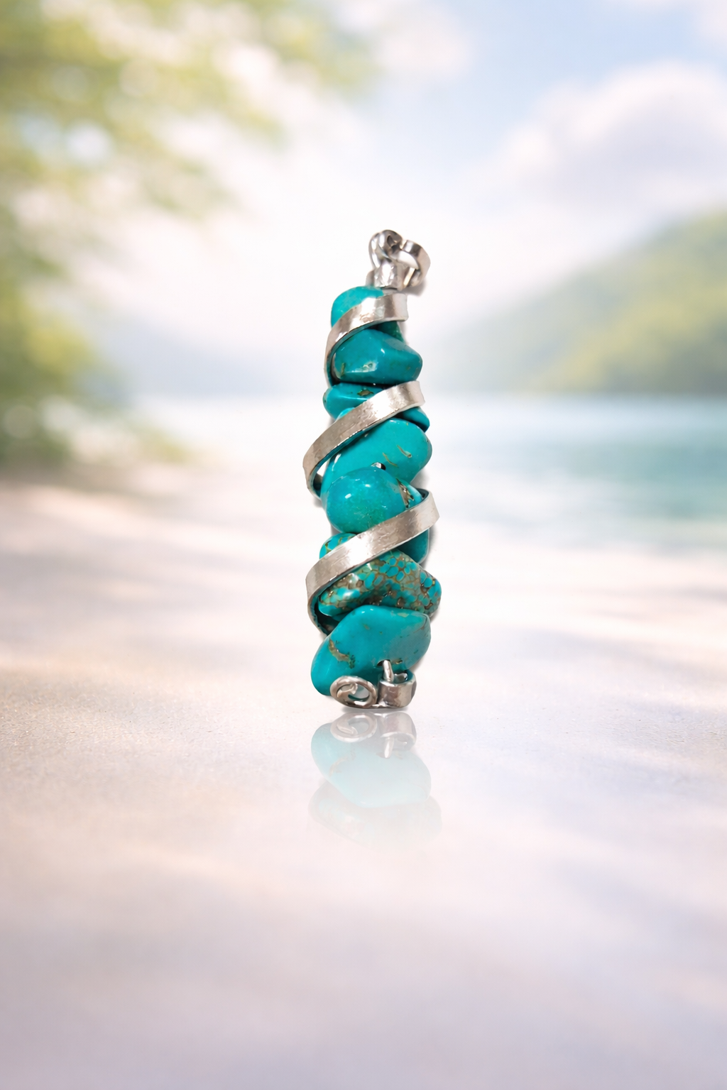 Handmade Turquoise Colour Howlite Wire Wrapped Gemstone Pendant Necklace