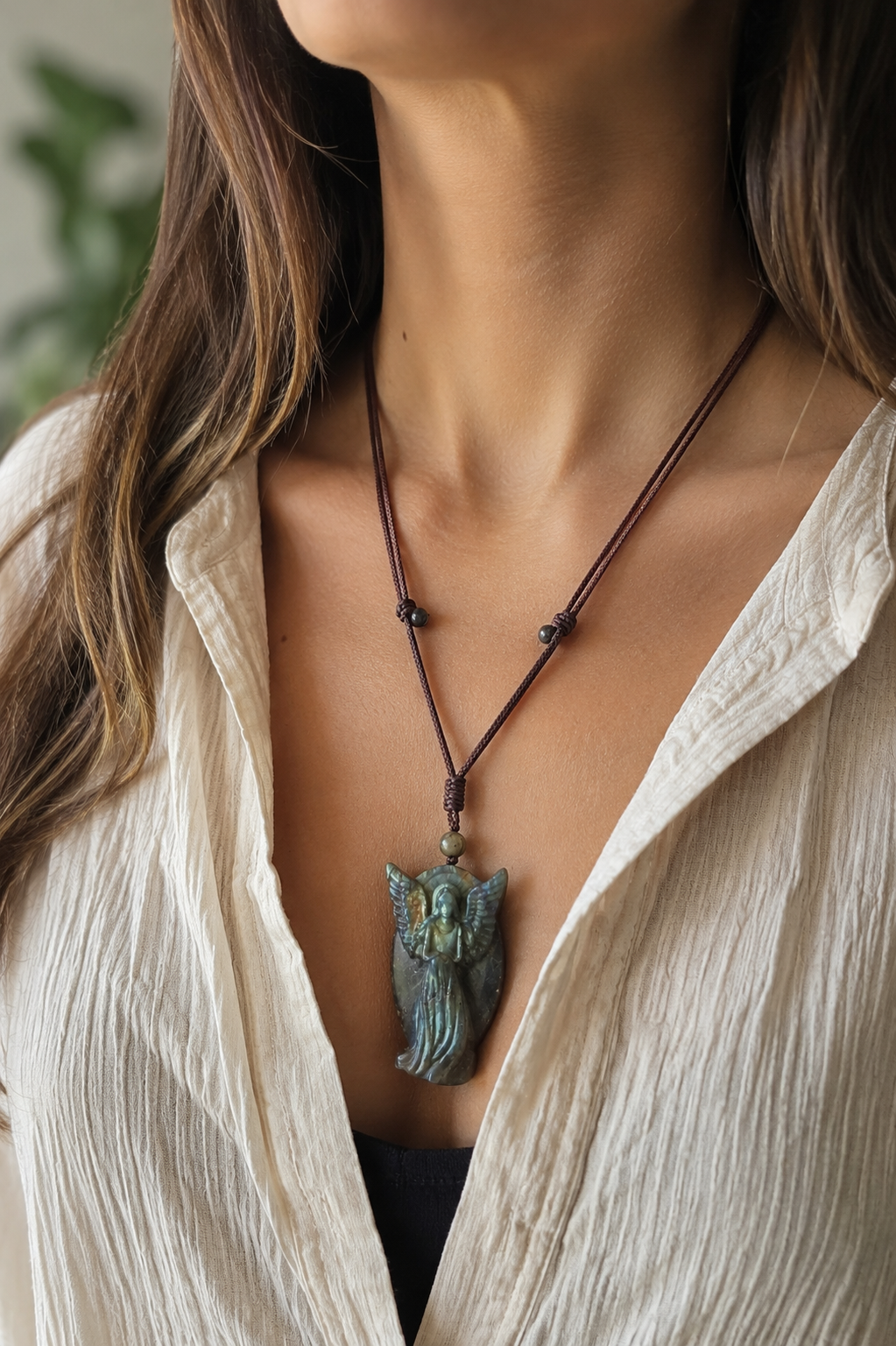 Carved Labradorite Angel Protection Pendant Necklace