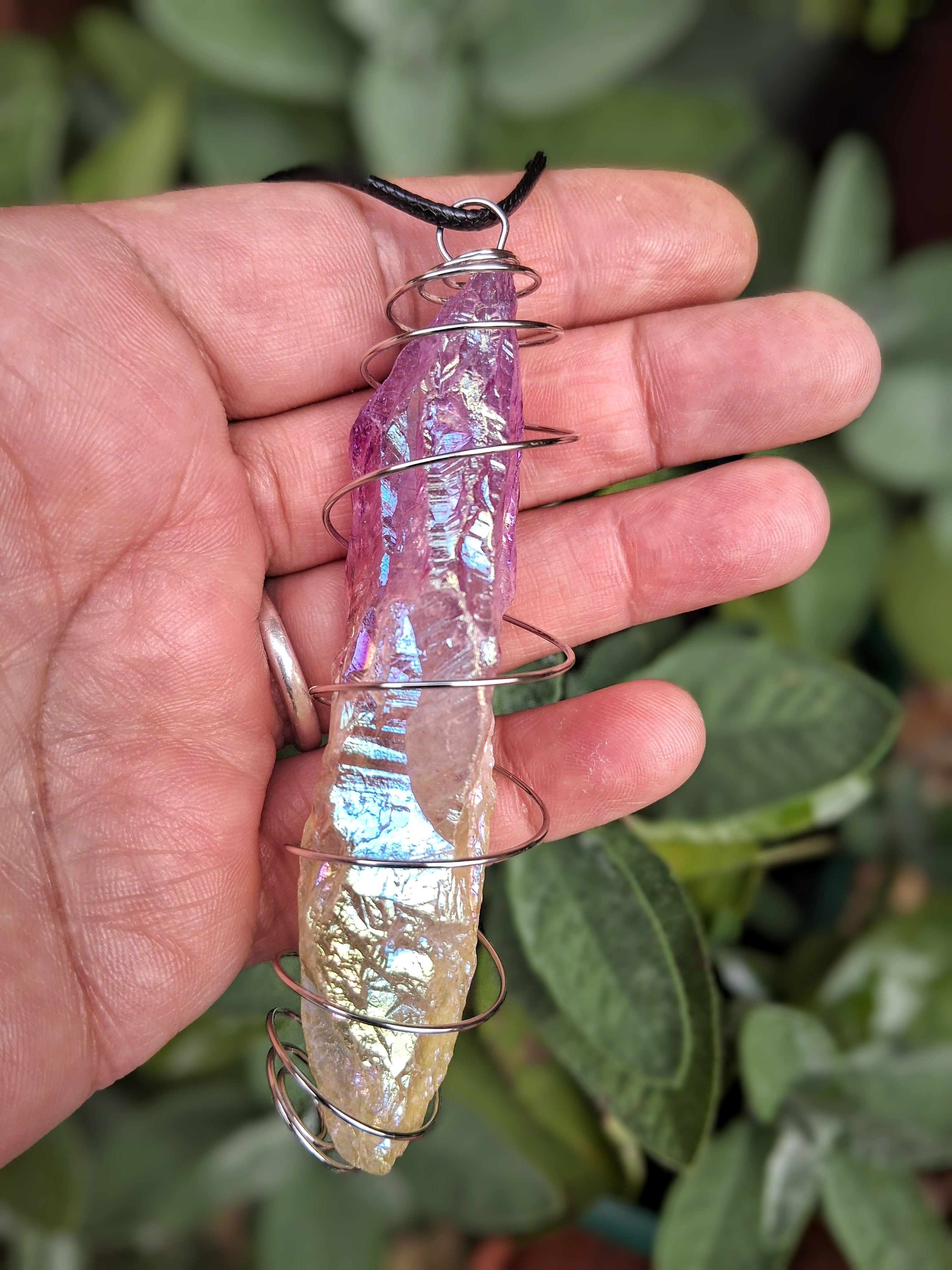✨ Iridescent Coated Quartz Pendant Spiral Cage Statement Piece